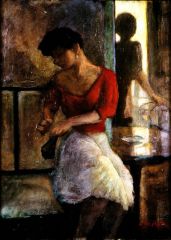Woman in a cafe, oil on board, 1987